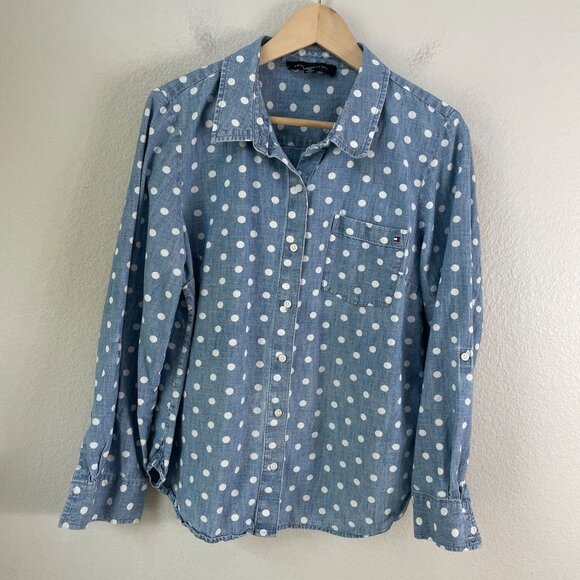 Tommy Hilfiger Womens Large Polka Dot Button Up Chambray Shirt Long Sleeve Top - Picture 1 of 7